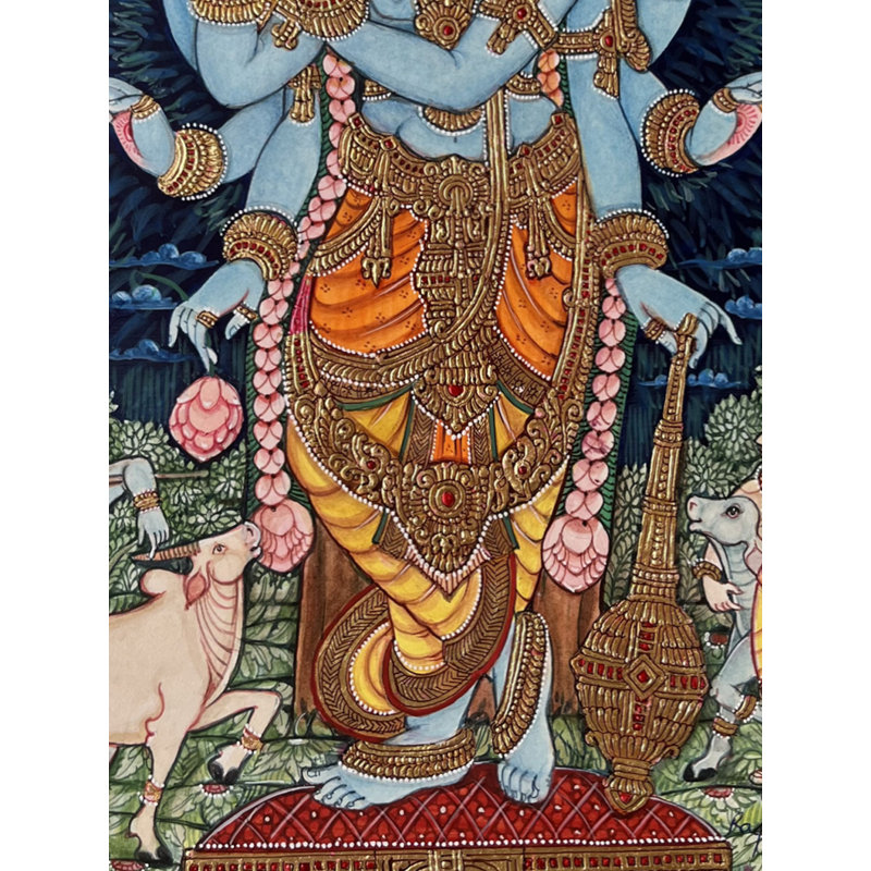 Lord Vishnu avec flûte | Peinture avec cadre | Aquarelle et feuille d'or 22 carats