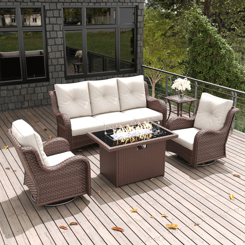  5 Pieces Outdoor Patio Furniture Set With Fire Pit Table, Rattan Wicker Sectional Swivel Rocker Chairs Sets With Swivel Glider Chair And Coffee Table