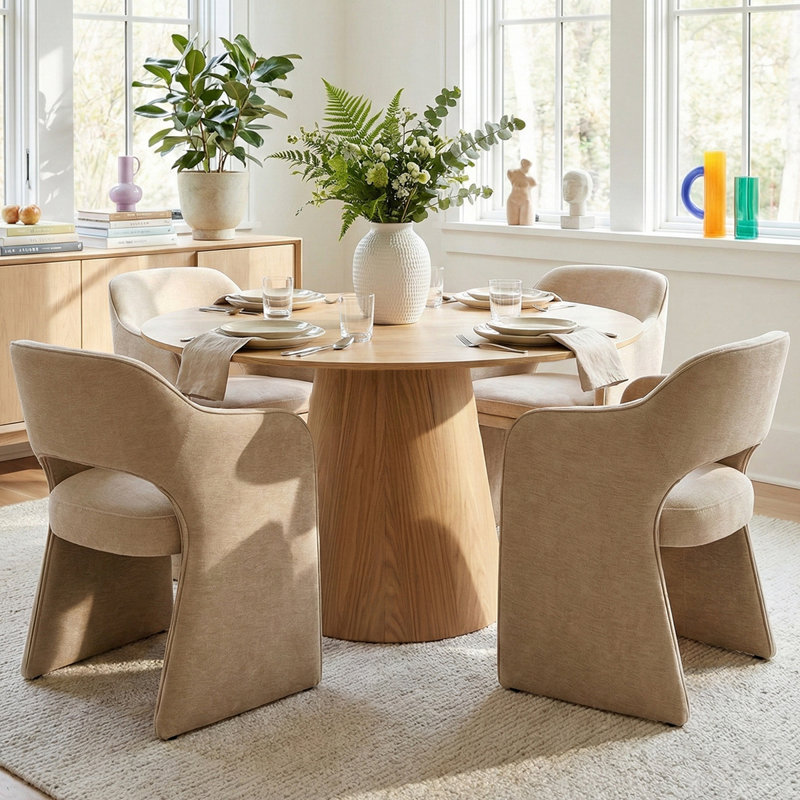 4 - Person Dining Table Sets With Round Table & 4 Upholstered Chenille Chairs, Yellow, Brie