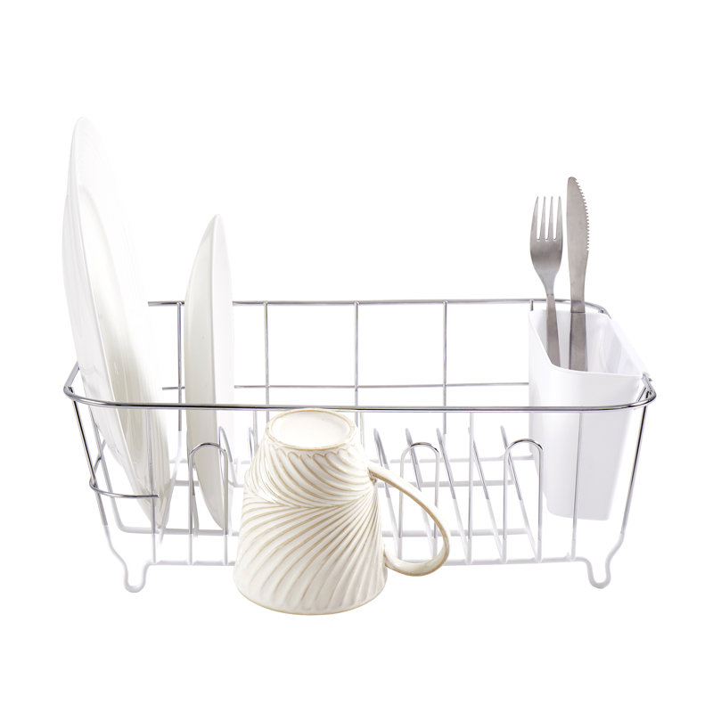 Égouttoir à vaisselle compact en acier chromé 2 pièces avec panier à ustensiles, Blanc