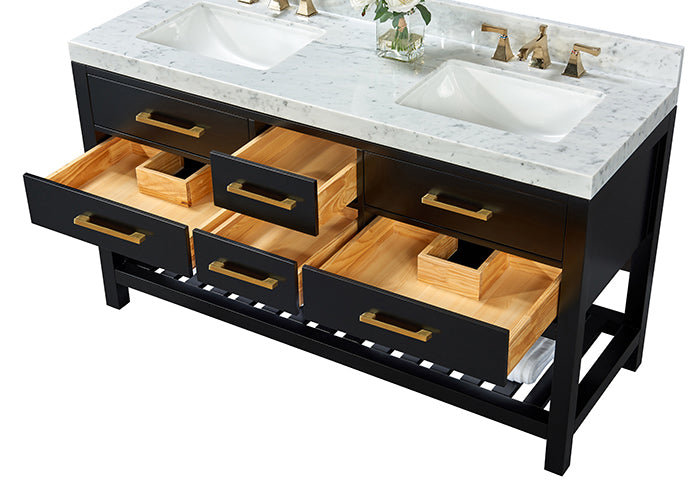 Elizabeth 60'' W Double Vanity, Black Onyx/Brushed Gold, Carrara White Marble