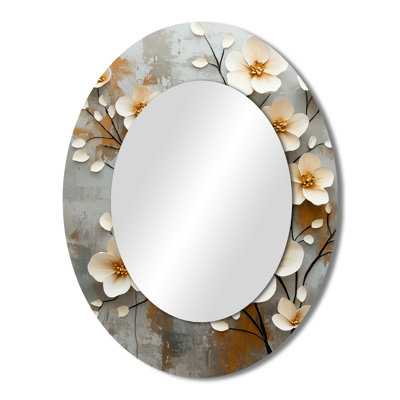 White Beige Botanical Impressions I - Large Oval Wall Mirror On Metal