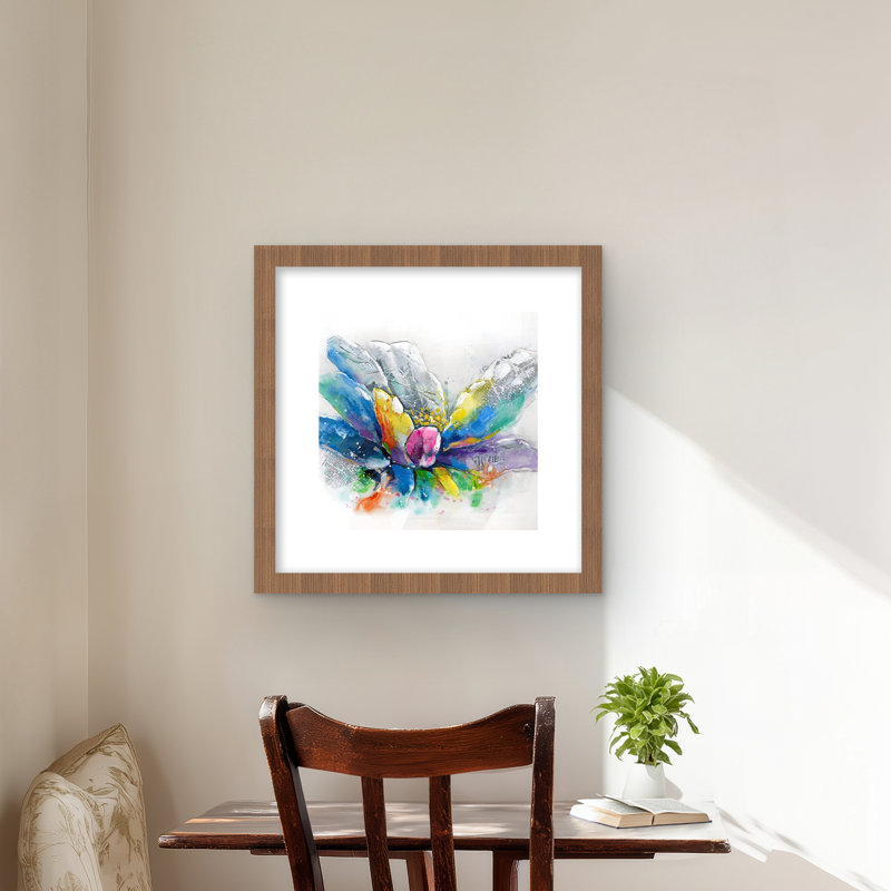 Fleur abstraite avec journal - impression encadrée bleue moderne, H 16 po x l 16 po