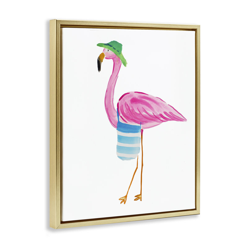 «Flamingo with Beach Tote» par Julie DeRice, H 31 po x l 25 po, Cadre flottant métallique doré