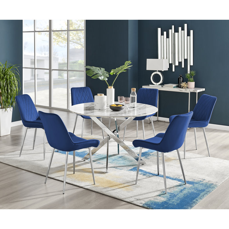 Tierra Modern Chrome Metal & Glass Round Dining Table Set with 6 Luxury Faux Leather Chairs, Navy/Silver
