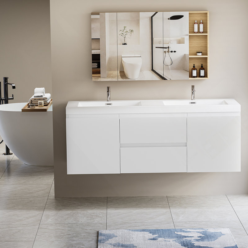 Meuble-lavabo flottant 60 po avec lavabo, meuble-lavabo mural moderne 60 po avec lavabo double en résine et deux tiroirs à fermeture en douceur, blanc brillant 24V11-60DGW