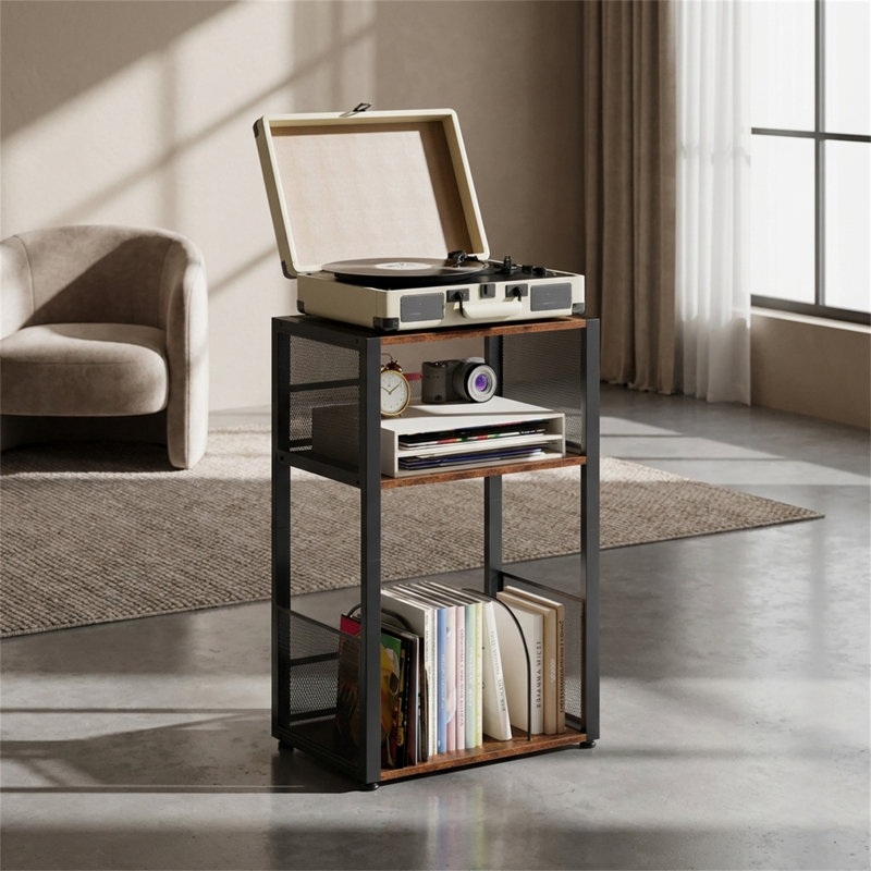 3-Tier Record Rack with Storage, Holds Over 100 Records, Iron Frame, Versatile Side Table Design, Adjustable Legs, Mid-Century Modern Style, Black and Brown