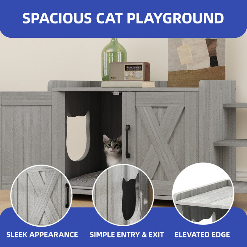 Cat Box Enclosure with Scratching Posts, Grey