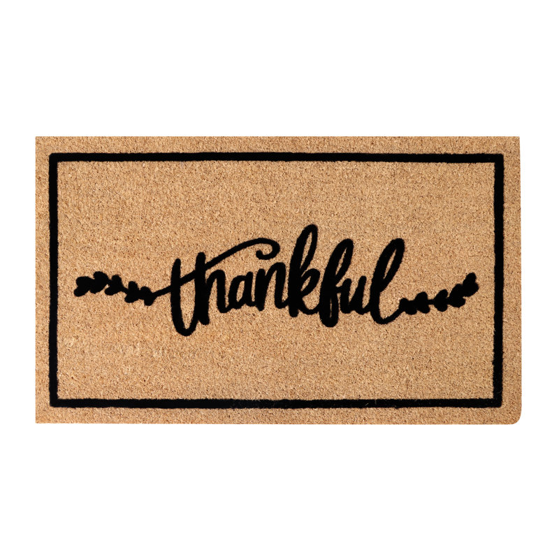 Natural Coir Flocked “Thankful Black” Door Mat, Heavy-Duty Non-Slip PVC Backing, Low-Profile Outdoor Doormat, 24" W x  36" L