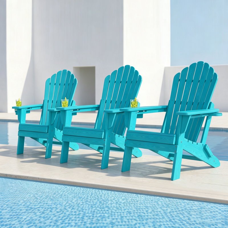 Ensemble de chaises pliantes 3 pièces Adirondack en PEHD avec porte-gobelets intégrés pour l'extérieur, White