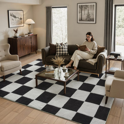 Black & White Jacquard Checkerboard Area Rug With Non-Slip Backing