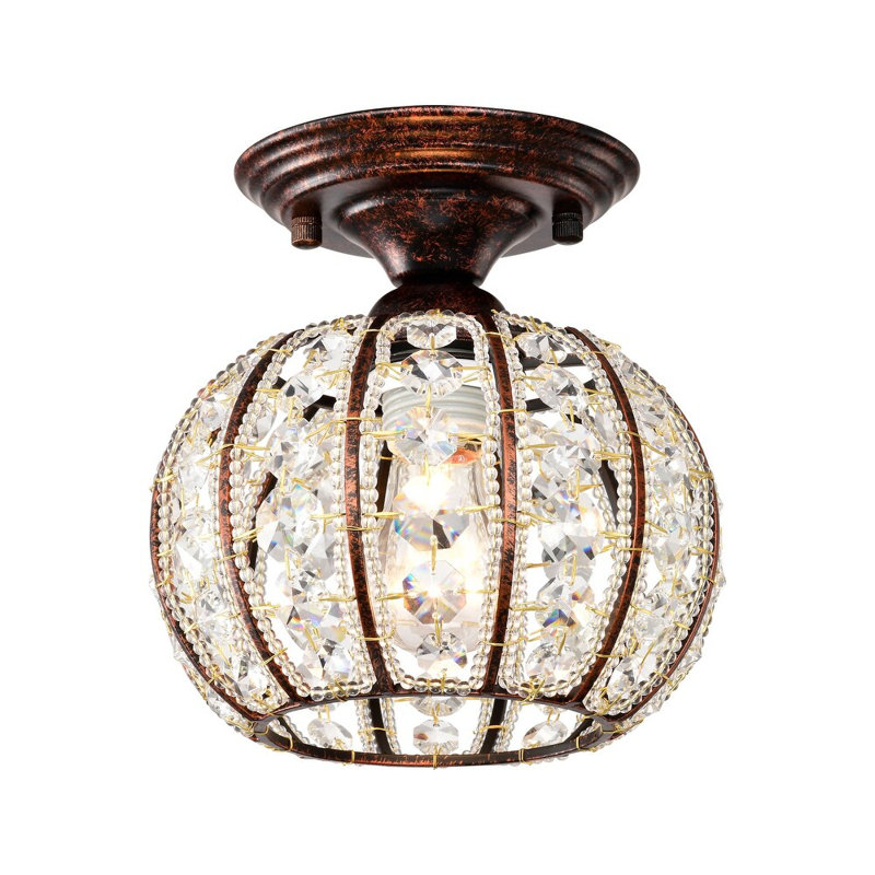 Thyri Caged Globe Semi-Flushmount Celing Lamp With Crystal Ornaments Antique Copper