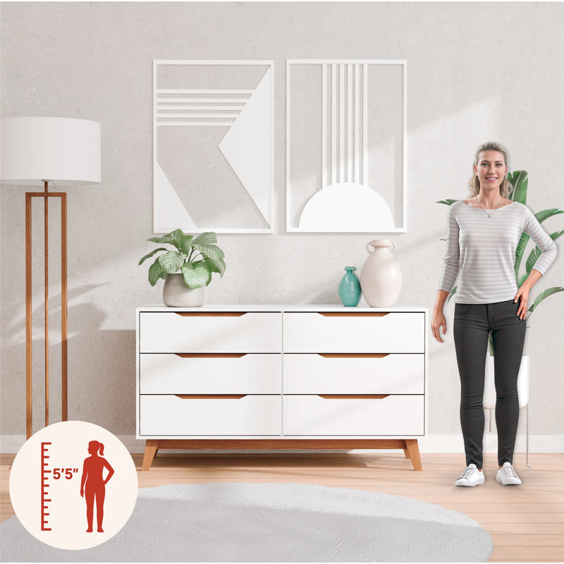 Rio Modern 6-drawer Dresser With Built-in Handles And Wooden Base, White