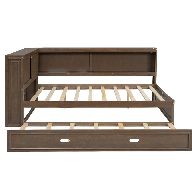 Lit de jour avec rangement caché, lit gigogne et conduit en bois Finition élégante, compartiments de rangement pleine grandeur, conduit, lit gigogne - Style antique