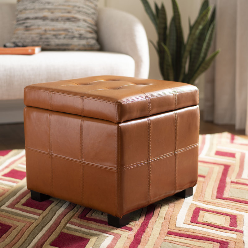 Repose-pieds carré avec rangement en similicuir de 18,3 po Graysie, Similicuir caramel