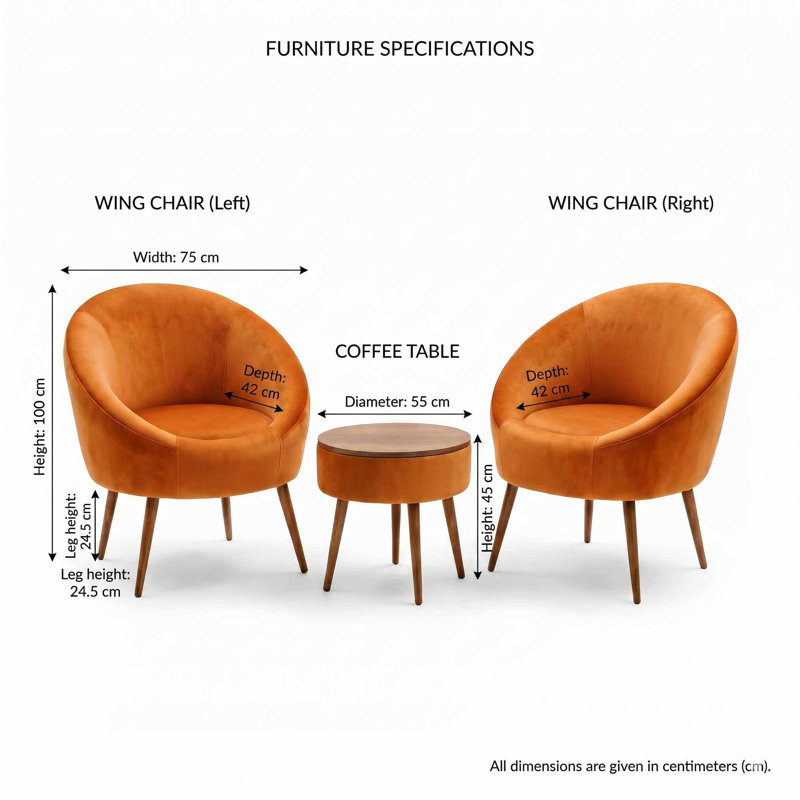 Ensemble de fauteuil à oreilles et table basse (3 pièces), Orange Polyester Blend, Natural Wood