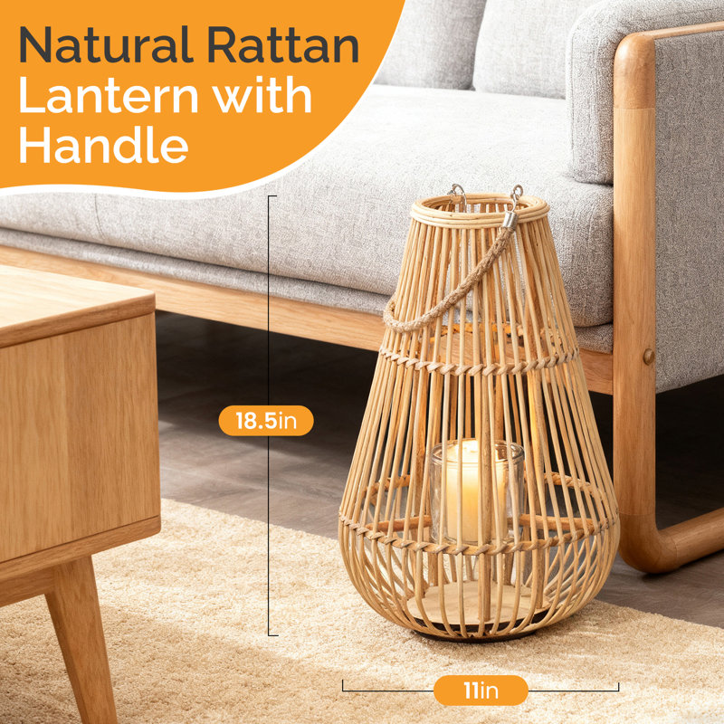  Handwoven Bamboo Lantern Candle Holder With Glass Insert And Rope Handle – Farmhouse Design Hanging Or Tabletop Lamp For Indoor And Outdoor Home Decor Shelves And Entryway Display