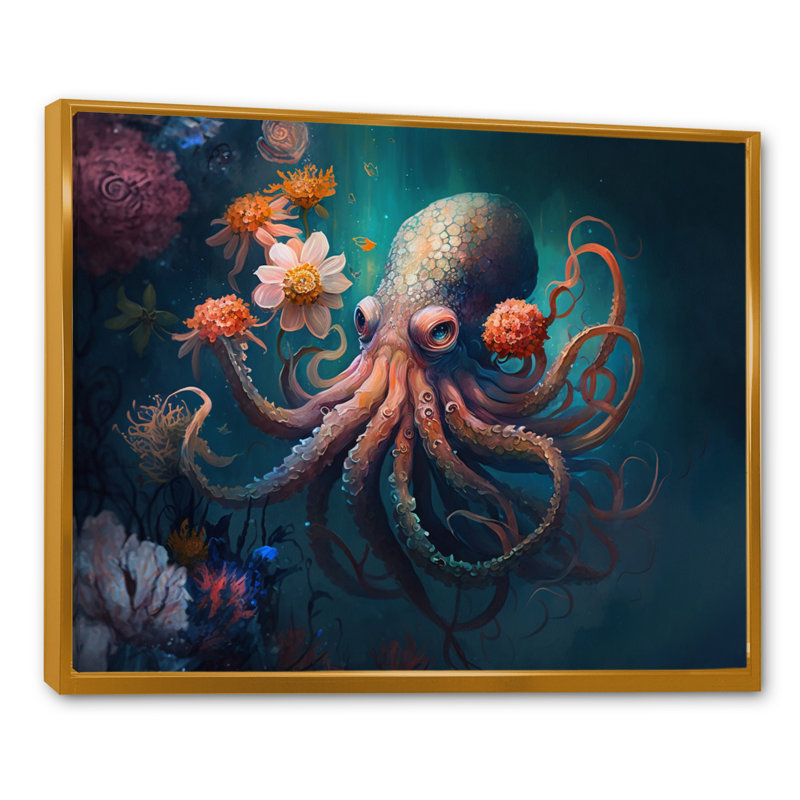 «Octopus in the Ocean with Flowers III», reproduction sur toile, 24" H x 32" W, Cadre flottant doré