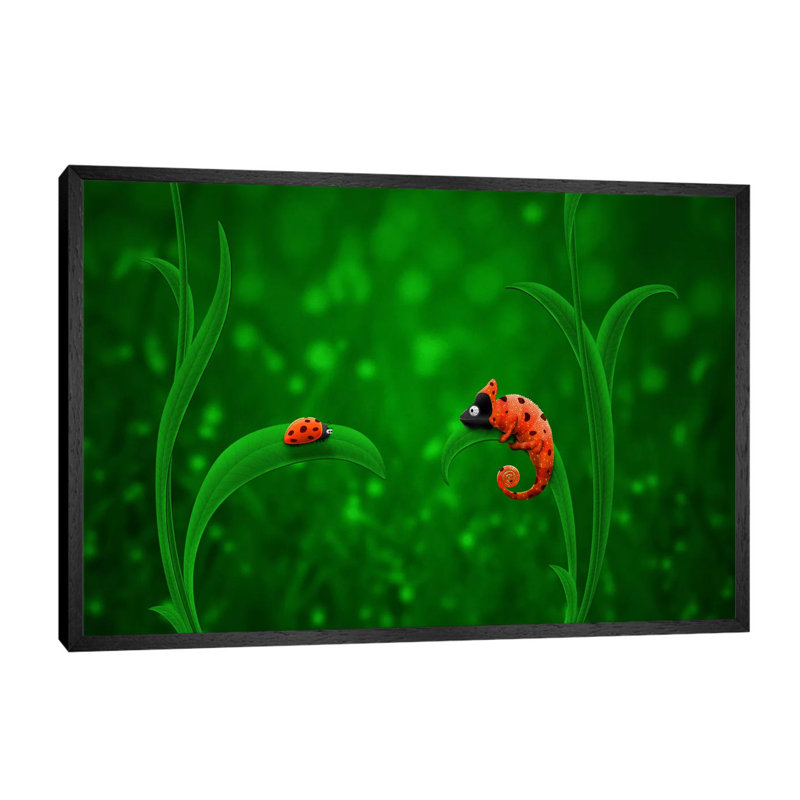 Ladybug And Chameleon - Print on Canvas, 66.04 cm H x 45.72 cm W, Black Floater Framed