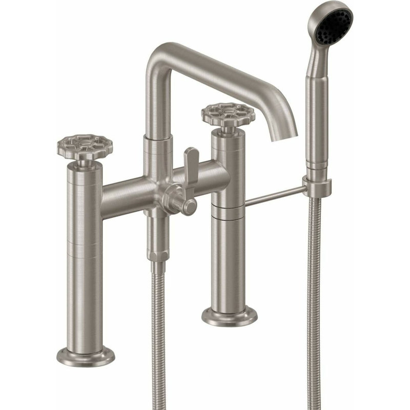 Descanso Tub Filler with Diverter, Satin Nickel/Silver, Cross Handle