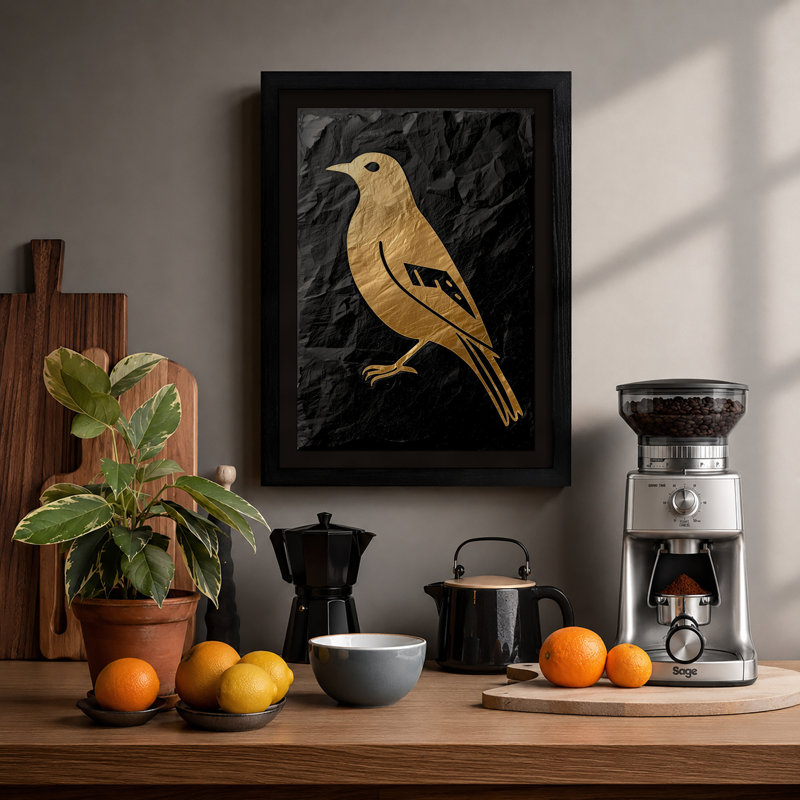 Golden Bird Profile Japandi - Framed Print, Black, A4 - 29.7 x 21.0 cm