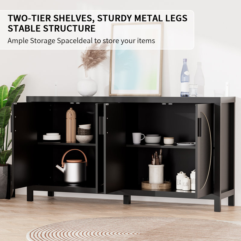 Black Modern Sideboard Cabinet with Rattan Doors and Storage