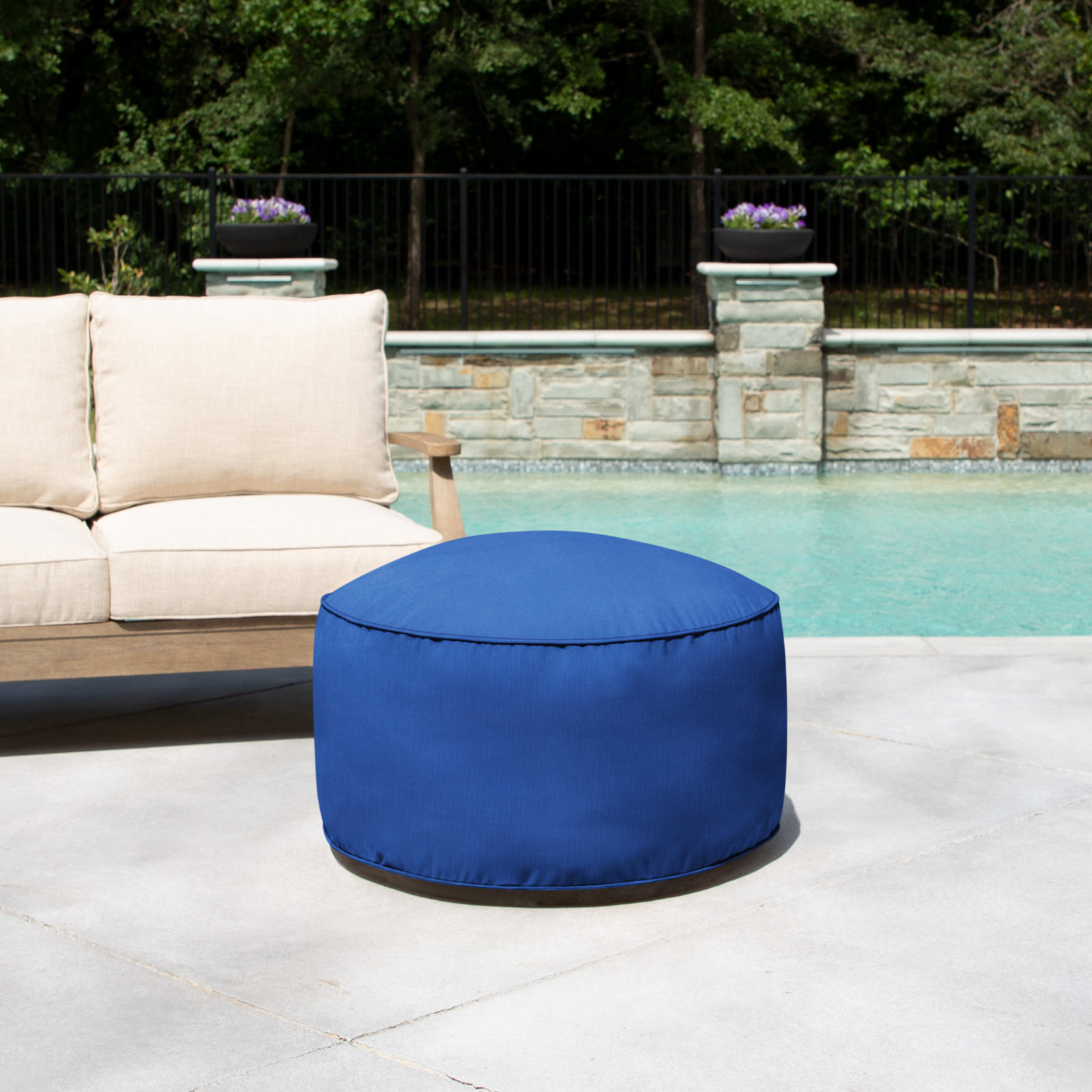 Demi Round Upholstered Outdoor Ottoman with Sunbrella® Cushion, Canvas Trueblue Sunbrella® Canvas