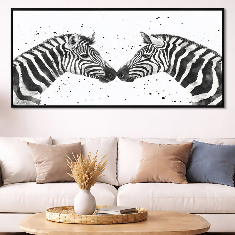Zebra Wall Art, Safari Canvas Decor, Black And White Zebra Duo, Black Floater Framed, 28" H x 60" W