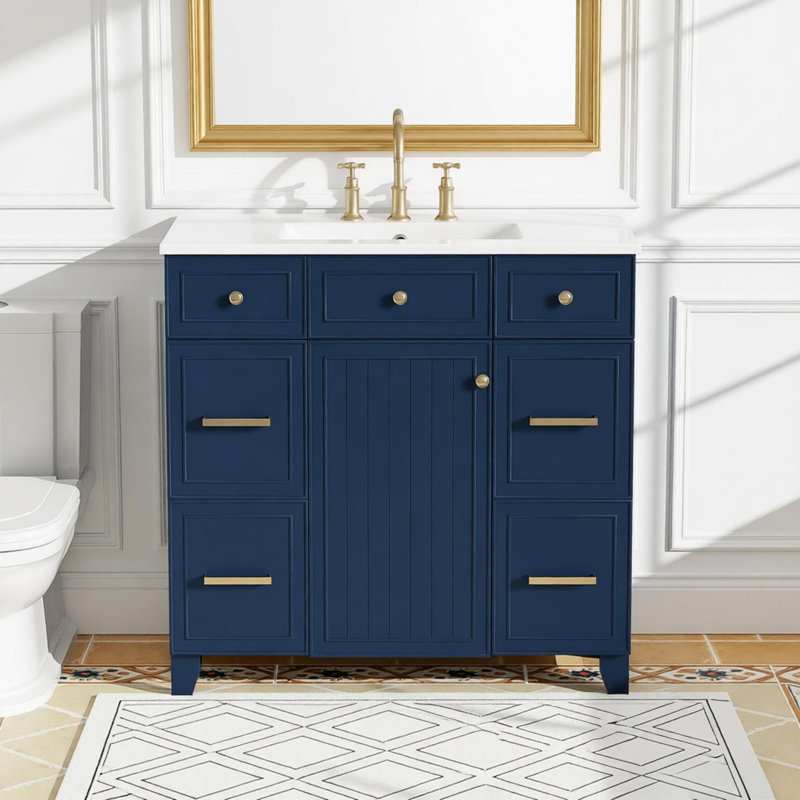 Meuble-lavabo 36 po avec lavabo en céramique, cadre en bois massif bleu, portes à fermeture douce, tablettes réglables, 3 tiroirs, y compris un tiroir à double profondeur pour le rangement du sèche-cheveux