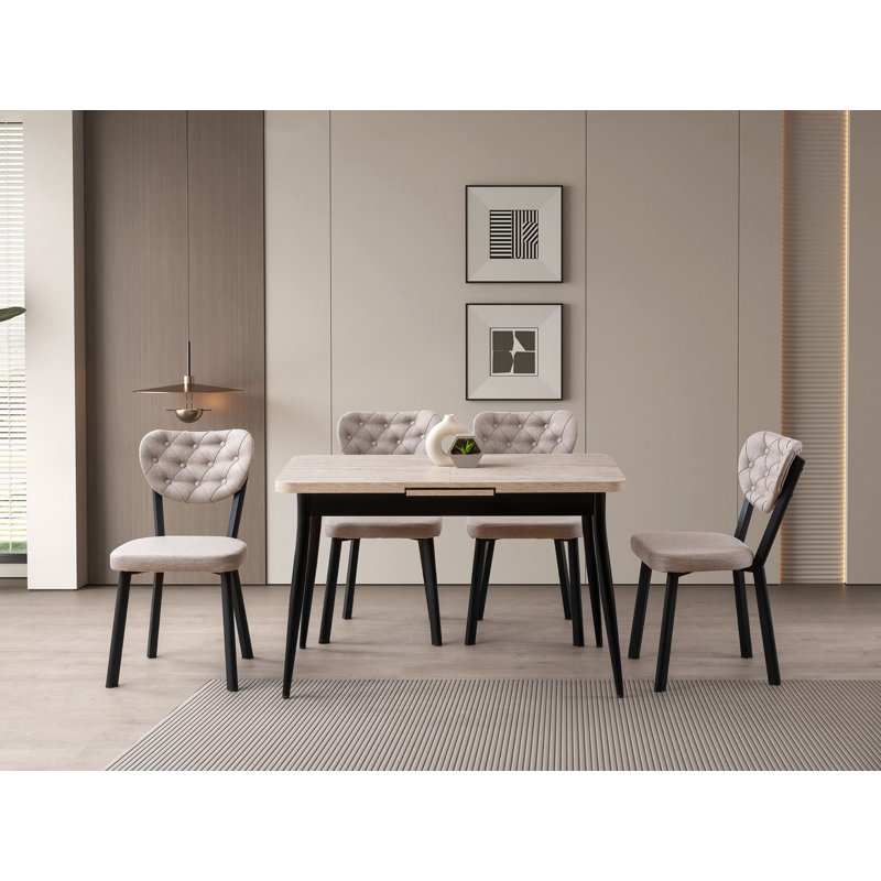 Table de salle à manger moderne extensible, travertin et noir, 59,1 po x 27,6 po x 29,5 po (largeur étendue: 59,1 po) | 100% panneau de particules enduit de mélamine, pieds en métal, capacité de charge de 59,0 lb | Élégant et fonctionnel pour les espaces de salle à manger contemporains