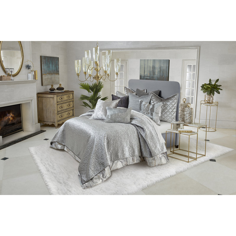 Ensemble de courtepointe en velours Sayra, gris, Courtepointe grand + 2 oreillers décoratifs