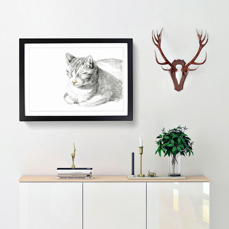 Cat at Peace by Jean Bernard - Picture Frame Drawing Print, Black Framed, 27cm H x 36cm W x 2cm D