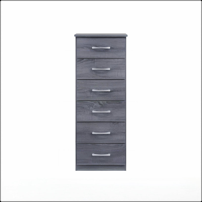 Commode à lingerie spacieuse à six tiroirs avec glissières à roulettes, durable et élégante pour les chambres à coucher modernes, finition grise.