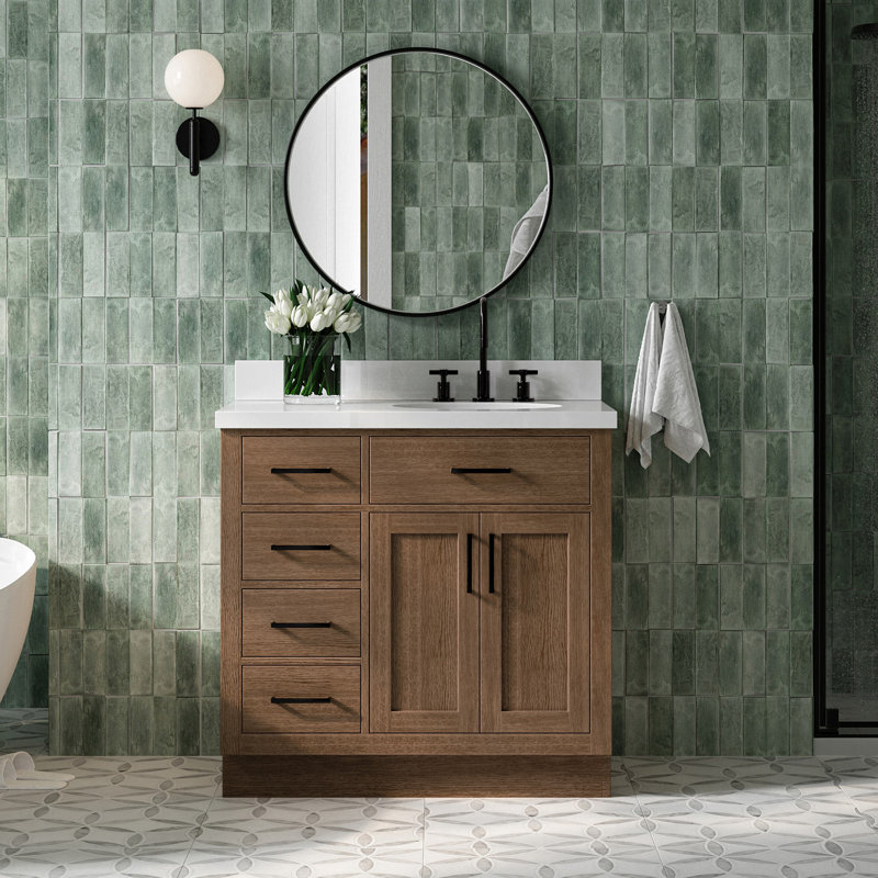 Meuble-lavabo simple en bois massif 36 po Tidworth avec plateau en quartz 1,5 po, Ovale, Oui, Chêne brun