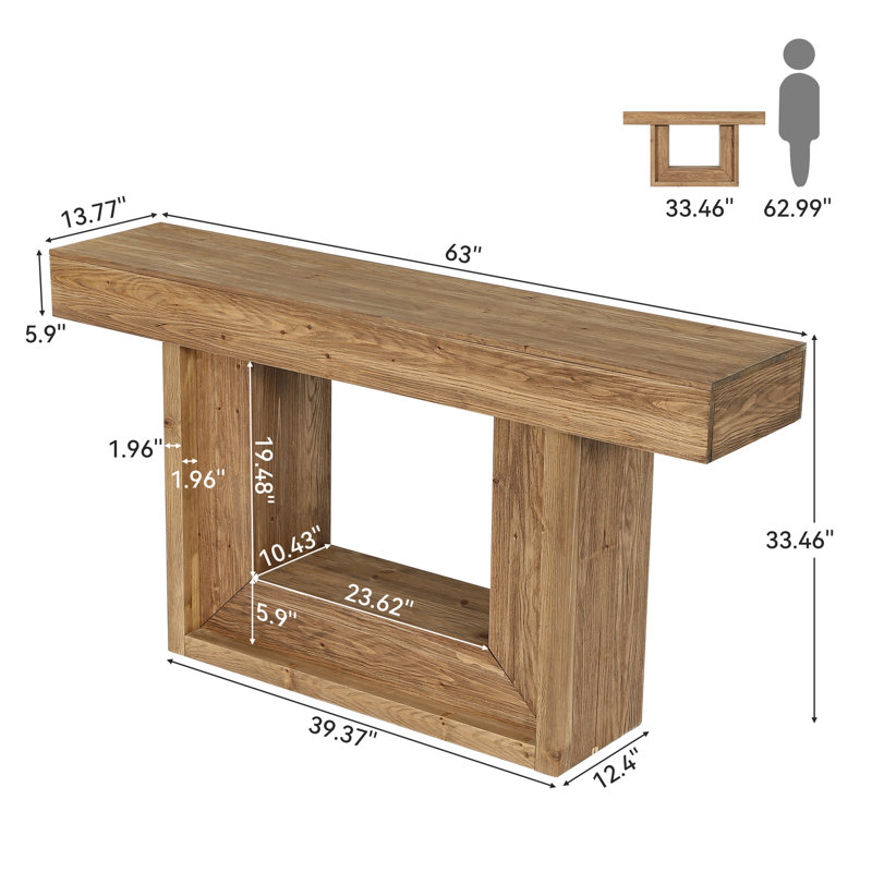 63-Inch Solid Wood Console Table, Narrow Farmhouse Sofa Table with U-Shaped Frame and Storage Shelf