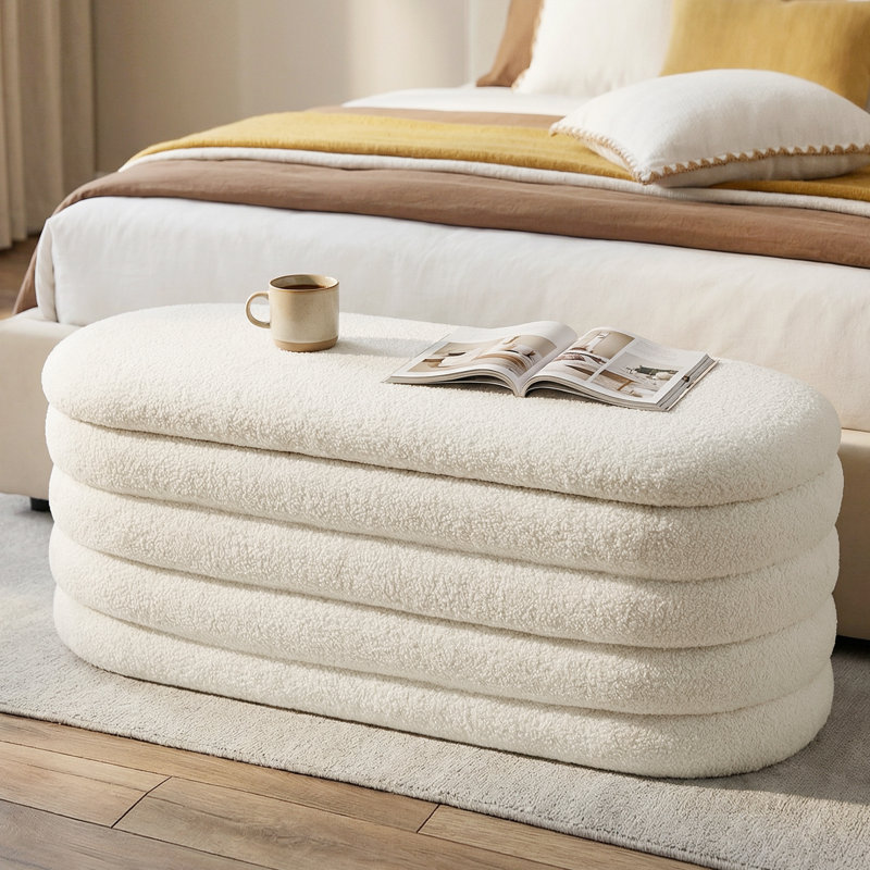 45" W Upholstered Storage Ottoman Bench, End of Bed Bench with Large Storage for Living Room, Bedroom, Entryway, White