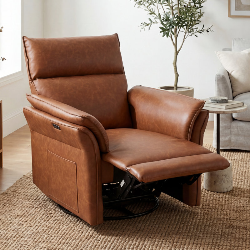 Faux Leather Swivel Power Recliner, Electric Adjustable 270 ° Rotate Upholstered Lounge Chair , Brown