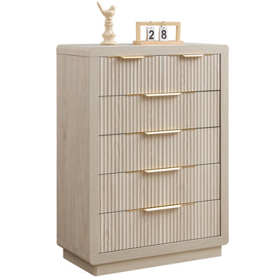 Fluted Dresser With Thickened Curved Profile Design, 44.4" Tall Modern Chest Of Drawers With 6 Drawers, Wooden Dresser Organizer For Bedroom, Living Room, Hallway, White Alder