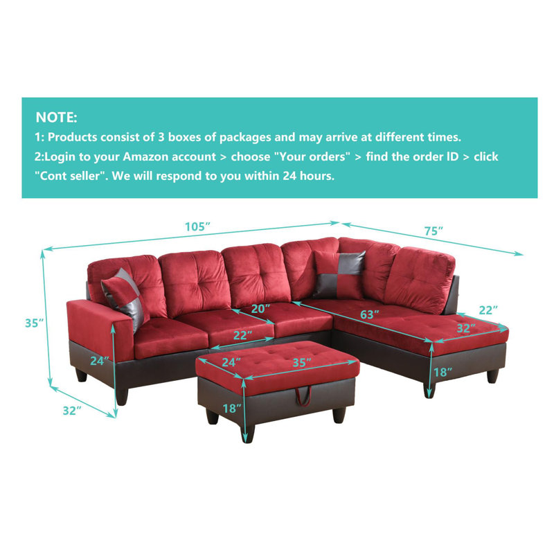 3-Piece Red Flannel And Pvc Modular Sectional Sofa, Right Hand Facing