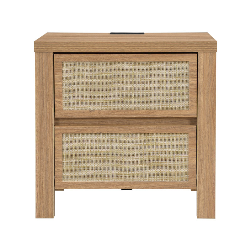 Retro Minimalism 2-drawer Nightstand With Charging Station, Light Brown