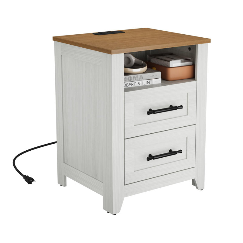 Table de chevet avec station de charge et 2 tiroirs, table de chevet de 18 po avec tablette ouverte, USB-C, USB et 2 prises de courant alternatif