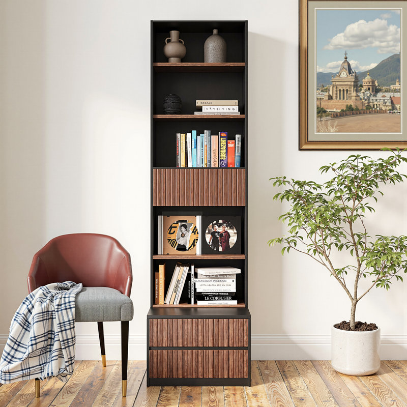 Modern 5-Tier Bookcase With Open Storage And Removable Drawer Unit, Perfect For Living Room, Office, Or Bedroom, Walnut/Black