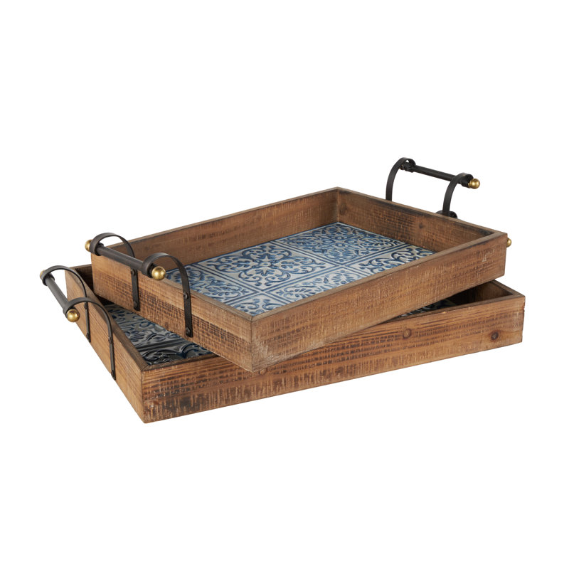 Ensemble de 2 plateaux décoratifs floraux en bois brun avec motifs de tuiles de 23 po x 19 po