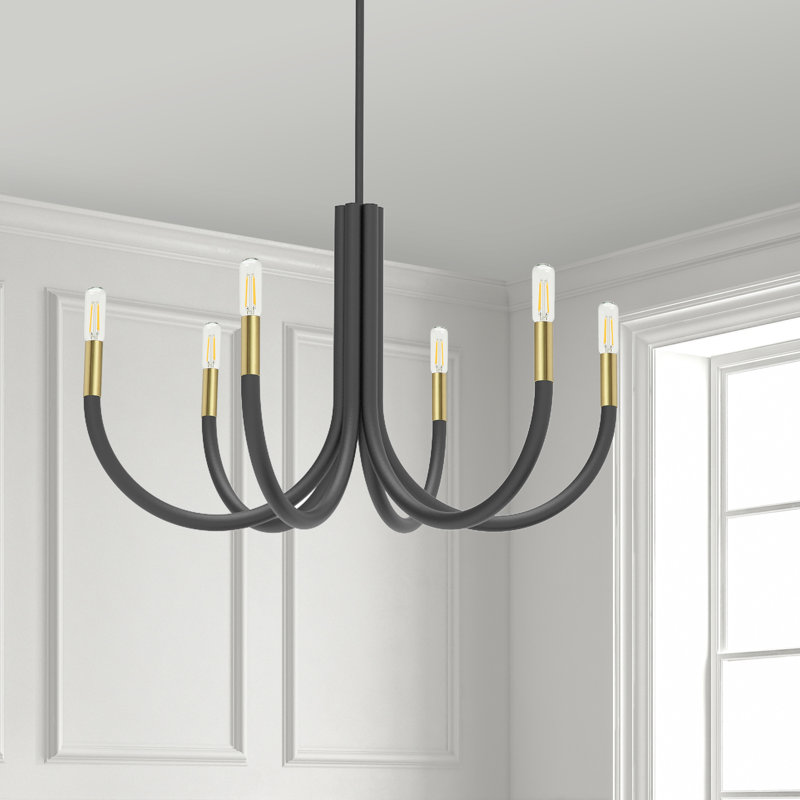 Wand Candle Style Classic / Traditional Chandelier, Matte Black/Aged Brass, 6, 17" H x 28" W x 28" D