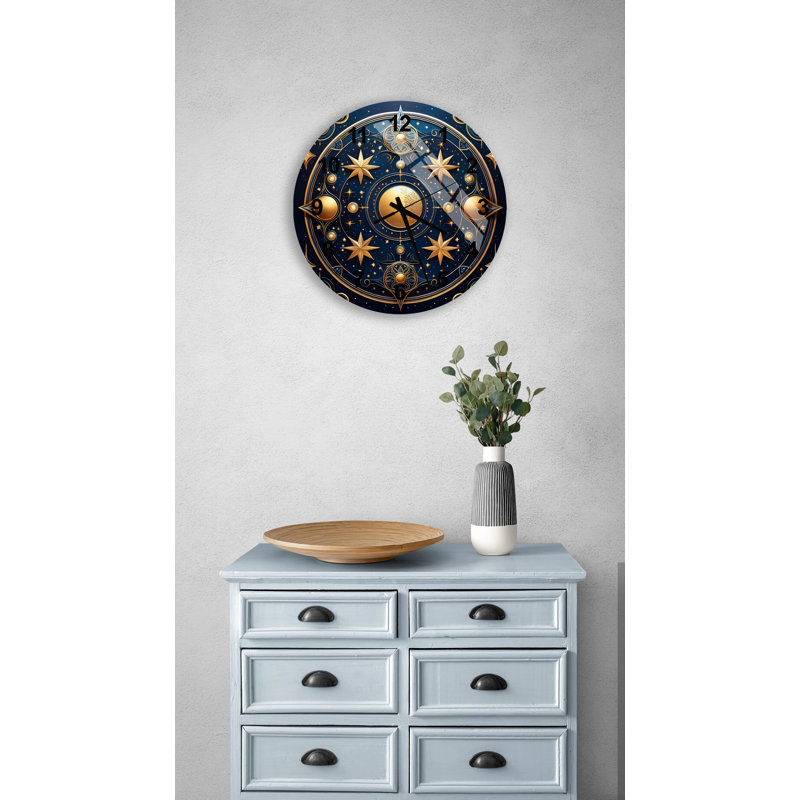 Horloge murale élégante en forme d'étoile céleste en verre trempé bleu et or silencieux, Noir