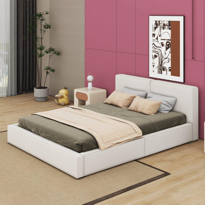 Queen Size Upholstered Grounded Bed With Velvet Fabric, Beige