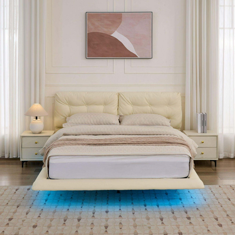 Cadre de lit flottant pour grand lit avec lumières à DEL, lit plateforme en cuir d'unité centrale avec tête de lit capitonnée, assemblage facile, aucun sommier nécessaire