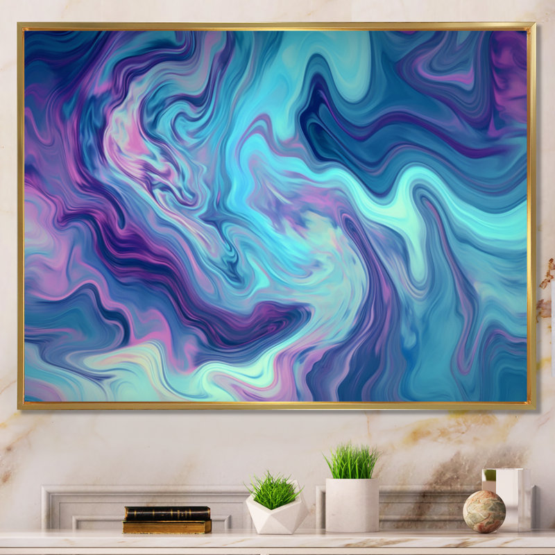 Turquoise mauve marbré fusion I - impressions sur toile abstraites, H 24 po x l 32 po x P 1 po, Cadre flottant doré