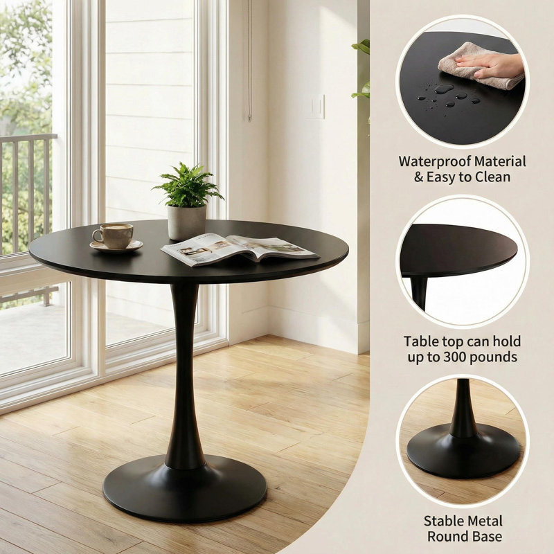 24" Tulip Round Pedestal Dining Table With Metal Base,Black, Black, 29.1" H x 23.6" L x 23.6" W