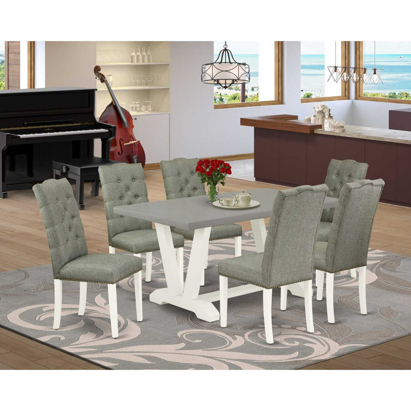 7-Piece Dining Set Consists of a Cement Kitchen Table and 6 Smoke Linen Fabric Upholstered Chairs with Button Tufted Back - Wire Brushed Linen White 